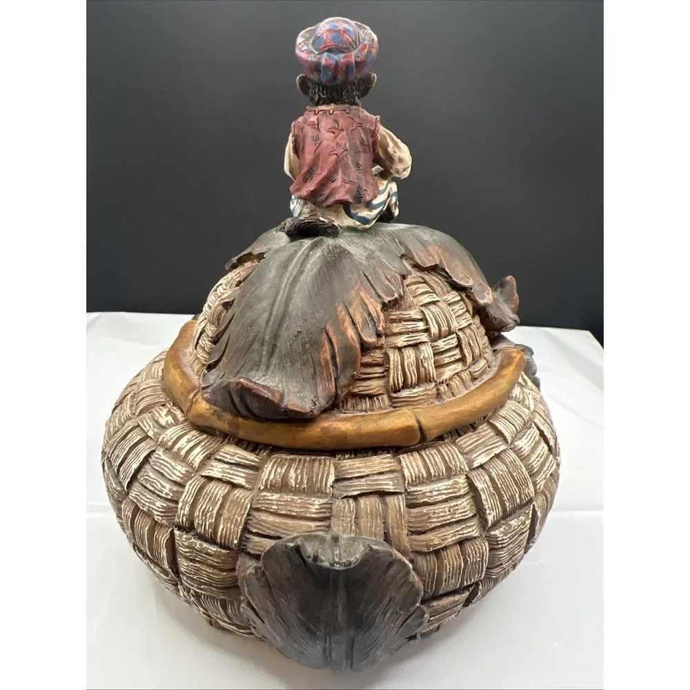 Vintage Lidded Monkey Trinket Box Resin Woven Basket Tureen Jar Jungle Decor
